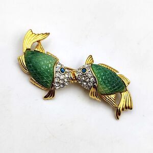 Kenneth Jay Lane KJL Gold Tone Rhinestone Kissing Koi Green Fish Pisces Brooch